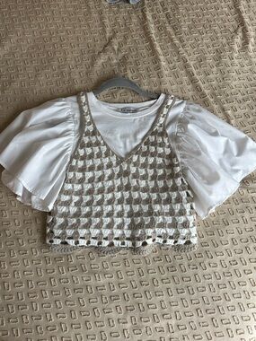 En Saison Crochet Check Cropped Tank in Cream and Tan